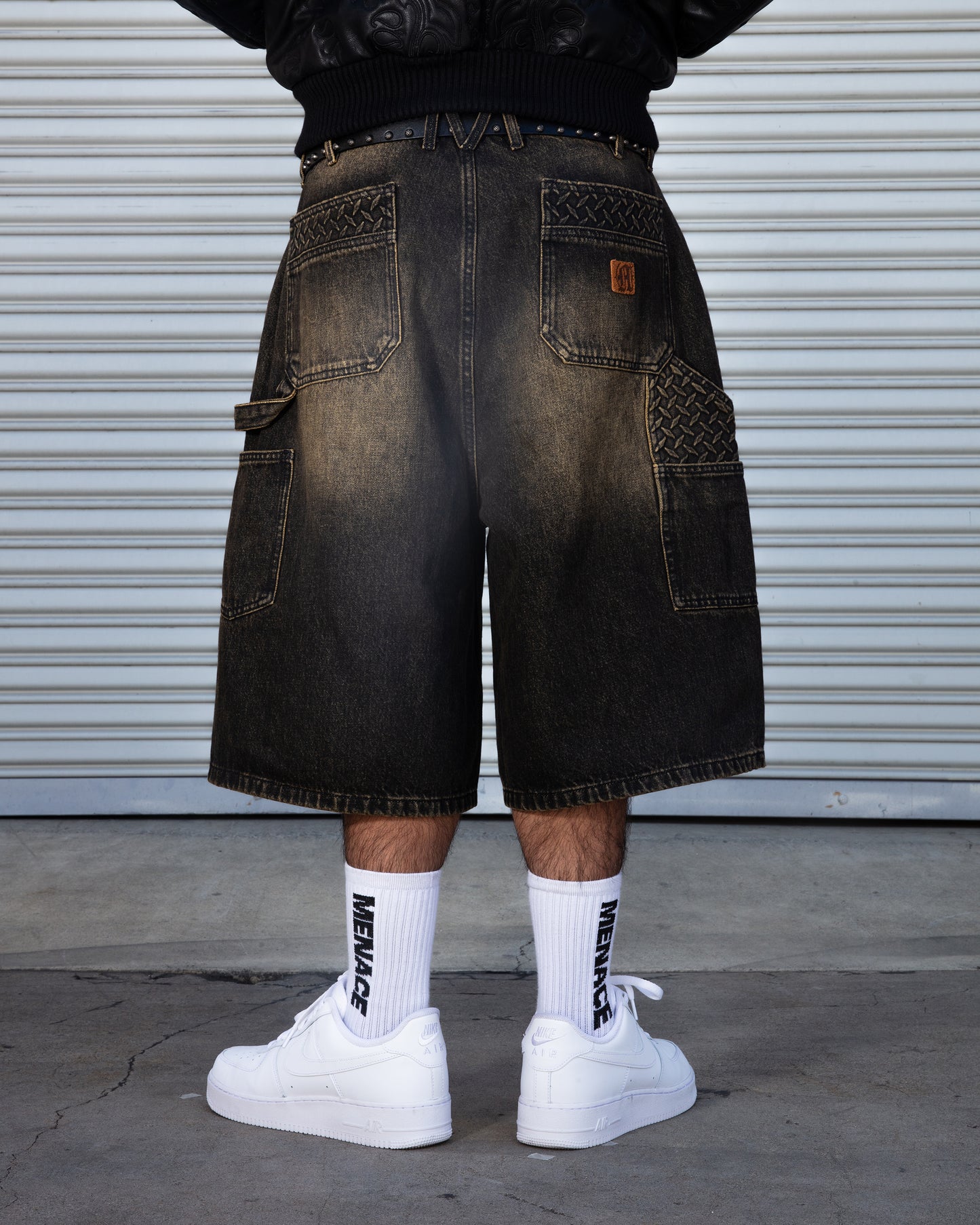 STEEL EMBOSSED DENIM CARPENTER SHORTS