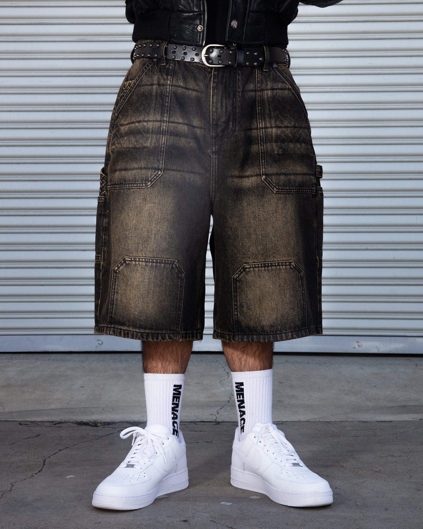 STEEL EMBOSSED DENIM CARPENTER SHORTS